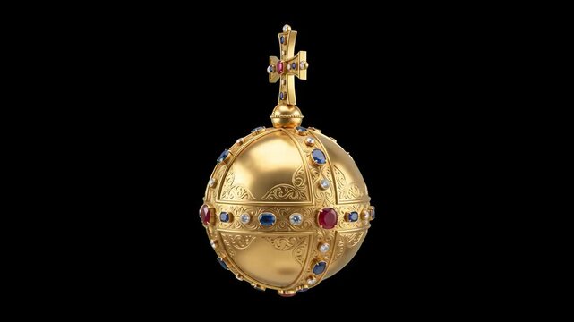 A detailed 3D rendering of a golden royal orb surmounted by a cross and adorned with precious red and blue gemstones, isolated against a solid black backdrop. Perfect for royal history documentaries, 