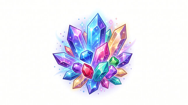 Glowing Cartoon Crystal Cluster, Fantasy Mineral Rocks Vector