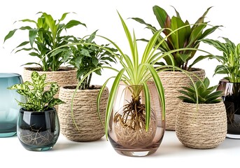 Fototapeta premium Collection of various green houseplants in woven baskets and glass vases on white background