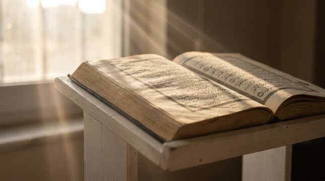 Holy Quran open on stand in natural sunlight.