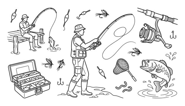 Fishing hobby line art vector element set with fisherman rod reel bass tackle box and coloring page illustration