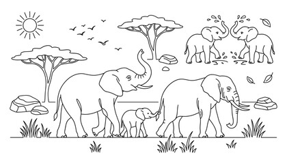  African elephant family line art vector set with calves savanna trees water splashing and coloring page illustration © MD