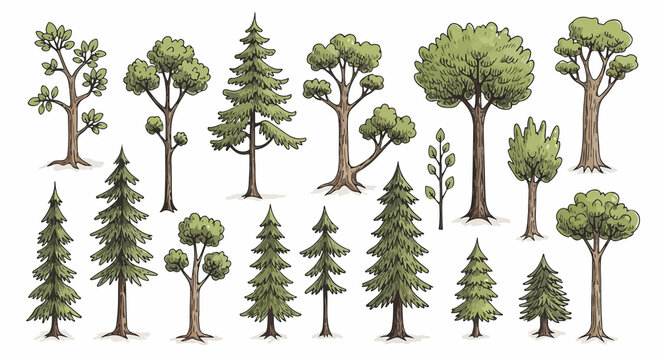 A diverse collection of hand-drawn cartoon trees, including various deciduous and coniferous types, isolated on a white background.