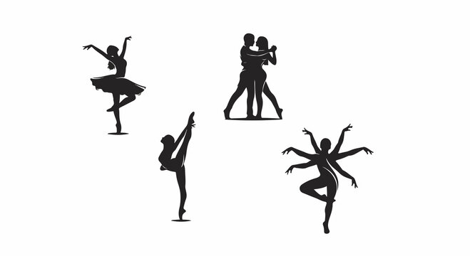 Collection of diverse dance silhouettes including ballet, ballroom, contemporary, and multi-armed classical forms on a white background.