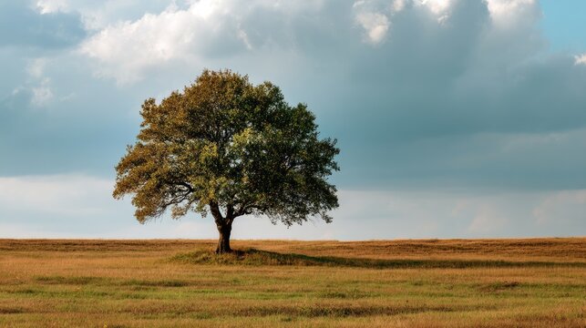 A solitary, mature oak tree stands prominently in a vast, golden field under a dramatic, cloudy sky.