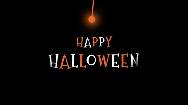 Spooky Happy Halloween text animation with a swinging orange light bulb and flickering letters on a black background for holiday celebrations and horror themed video projects