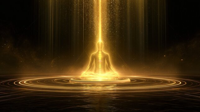 Golden Enlightenment: Abstract Figure Meditating in Radiant Light and Water Ripples