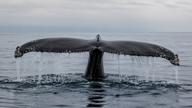 Humpback whale tail fluke rising from calm grey ocean surface