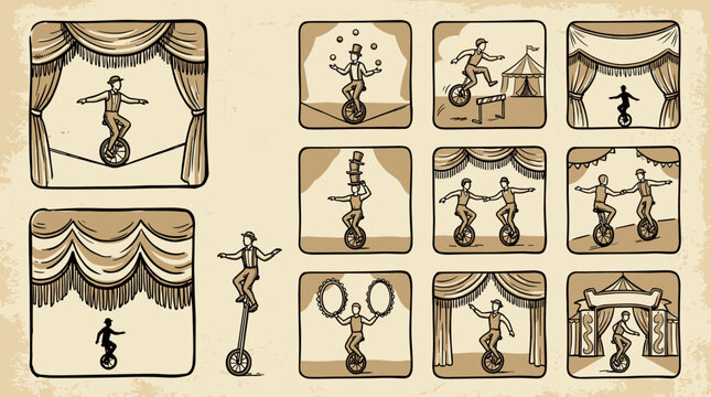 Vintage circus performers on unicycles, juggling, balancing, and performing stunts on stage with curtains
