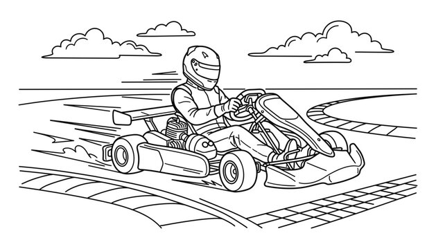 Go Kart Racing Driver Vector Illustration Featuring Racer in Helmet Speeding on Racetrack Curve Near Finish Line for Motorsport Graphic Designs.