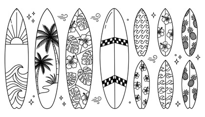 Fototapeta premium Tropical Surfboard Design Vector Set with Patterned Surfboards Featuring Palm Trees Hibiscus Flowers Waves Checkerboard and Pineapple Symbols for Summer Graphic Designs.