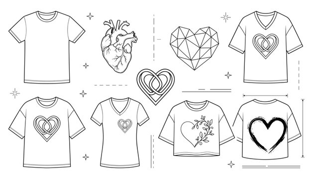 T-Shirt Apparel Design Mockup Set with Diverse Heart Icons Geometric Anatomical Celtic and Brush Stroke Hearts for Fashion Merchandise Graphic Designs.