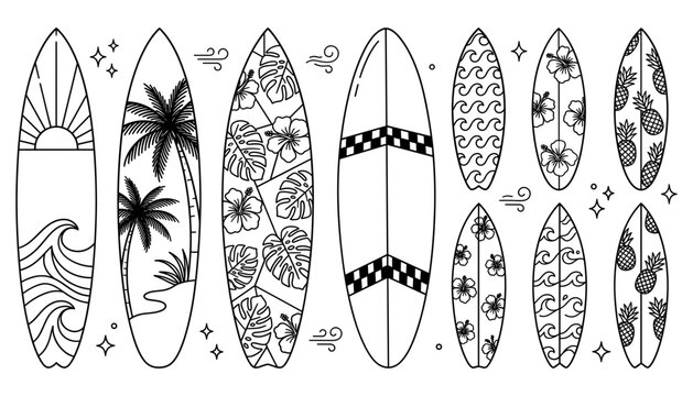 Tropical Surfboard Design Vector Set with Patterned Surfboards Featuring Palm Trees Hibiscus Flowers Waves Checkerboard and Pineapple Symbols for Summer Graphic Designs.