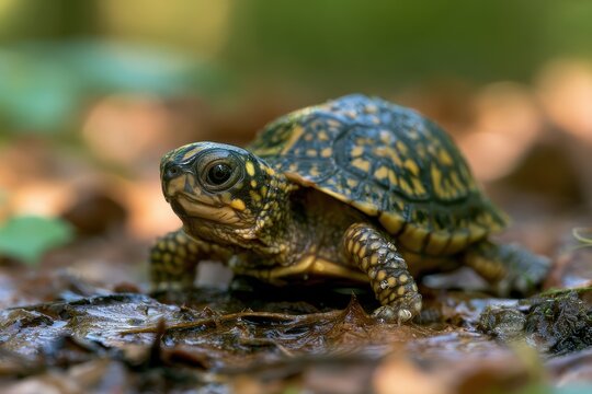Close-up of a baby box turtle in natural habitat, detailed shell texture and bright eyes