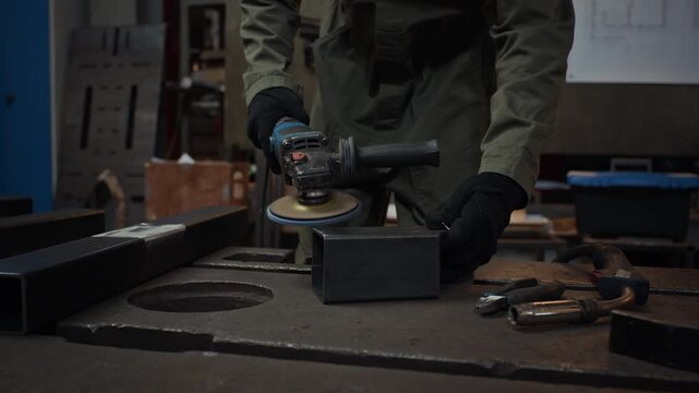 Caucasian male metalworker using angle grinder to smooth steel component on workbench, bright sparks flying. Video is ideal for industrial manufacturing and vocational training promos