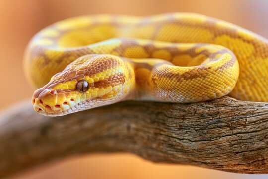 Close-up of a banana morph ball python on weathered wood with vivid scale patterns