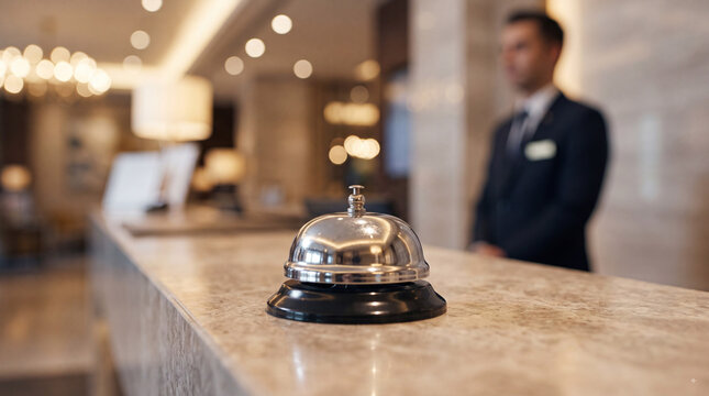 Hotel reception bell on marble front desk with blurred concierge in luxury lobby, hospitality service and travel accommodation concept with copy space