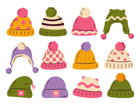 Set of cute knitted winter hats in playful hand-drawn vector style, colorful beanies with pom-poms, stripes, dots, checks and earflaps, isolated on white background