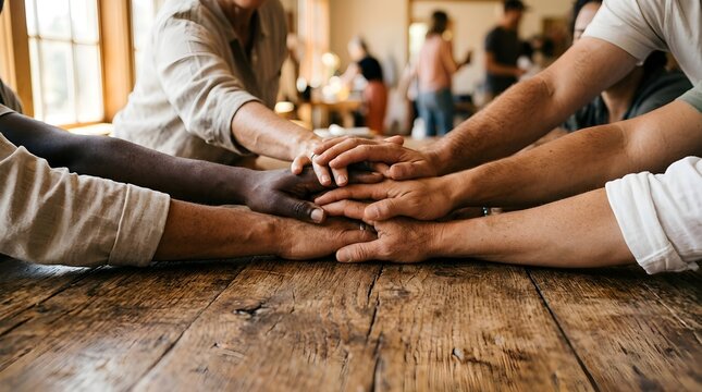 Group of People Joining Hands in a Collaborative Team Environment