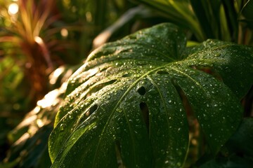 Obraz premium Close-up of a large green Monstera leaf in a lush tropical background