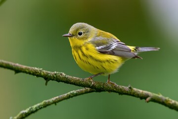 Obraz premium Close-up of a Magnolia Warbler in a verdant forest, bright yellow chest and warm morning light