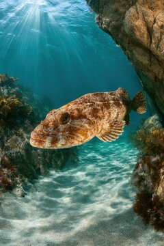 Close-up of a lingcod amid kelp and reef formations