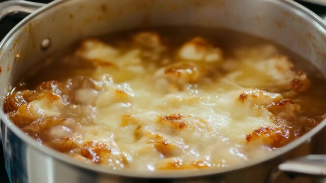 Homemade cheese soup simmering with croutons and bubbling over the side of a pot on a stovetop.