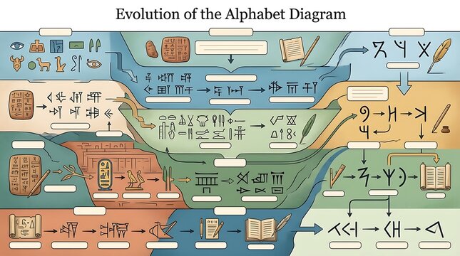 Evolution of the Alphabet Diagram: Historical Linguistics and Writing Systems Timeline