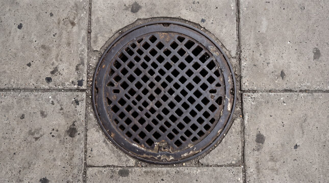 Round metal storm drain grate embedded in concrete sidewalk, urban street utility cover with lattice pattern, weathered pavement texture, top view