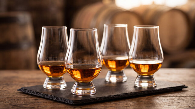 Whiskey tasting flight in tulip glasses on slate board with warm amber spirits and blurred oak barrels in a rustic distillery cellar setting