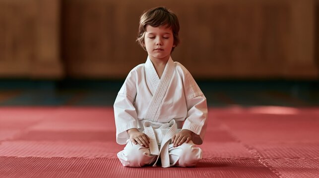 Young boy in white karate uniform meditating peacefully on red mat in dojo