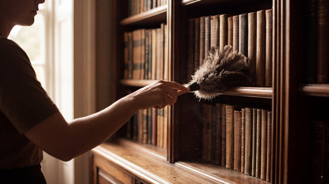 Person cleaning antique bookshelf with feather duster in warm window light, preserving old books, dusty wooden shelves, and cozy home library atmosphere