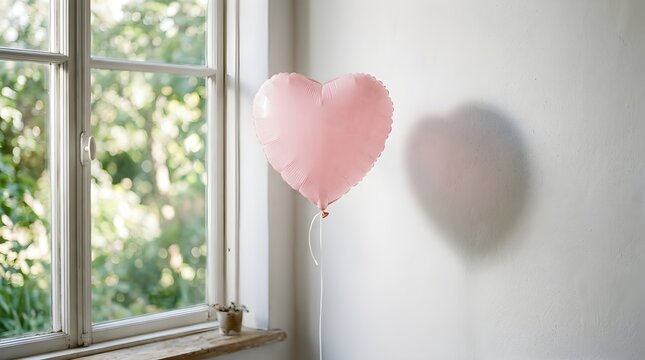 Heart-Shaped Pink Balloon Floating Near Sunlit Window Scene