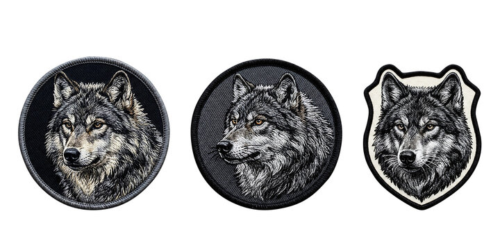 Embroidered Wolf Head Patches Set Of Transparent Background, Shades Of Black And White Wolf Head.