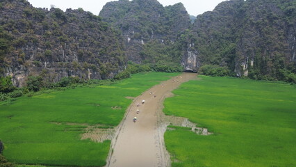 Drone shot of local rowers paddling with feet on Ngo Dong river through limestone valley, Ninh Binh, Vietnam © GeoWild