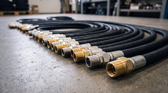 Coiled industrial hydraulic hoses with brass and steel threaded fittings arranged on a workshop floor for equipment maintenance and fluid connection