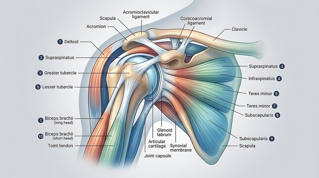 Human Shoulder Joint Anatomy Diagram with Muscle and Ligament Labels