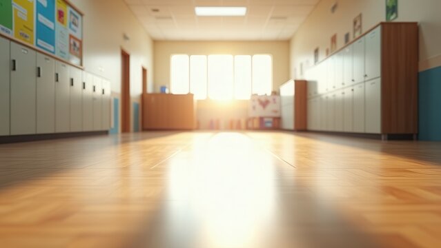 bright modern school hallway perspective polished wood floors academic setting soft natural light optimistic educational marketing space for text overlay
