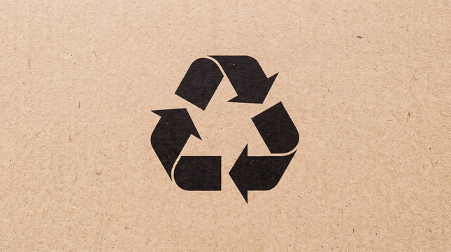 Black recycling symbol printed on brown cardboard texture, eco friendly packaging background for sustainability, waste reduction and circular economy concepts