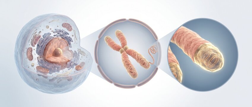 Cellular Longevity Research Concept with DNA Telomeres and Mitochondria
