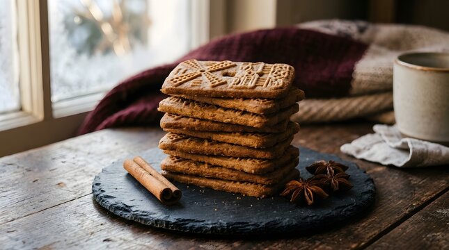 Stacked Cookies with Cocoa and Cinnamon Sticks on Rustic Table
