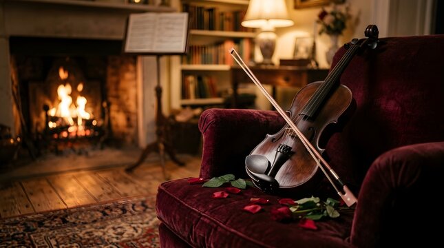 Elegant Violin Resting on Velvet Armchair in Cozy Fireplace Room