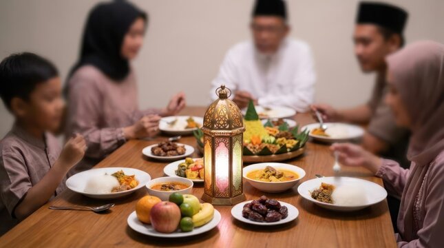Muslim family sharing traditional meal during Eid celebration.