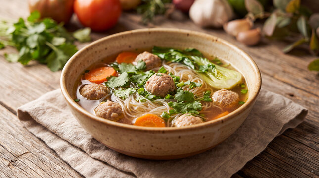 Homemade Asian noodle soup with meatballs, rice vermicelli, bok choy, carrots and fresh cilantro in a rustic ceramic bowl on weathered wooden table