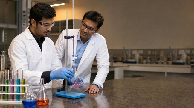 Two male scientists performing chemistry experiment in laboratory