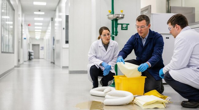 Scientists managing industrial chemical spill cleanup in laboratory