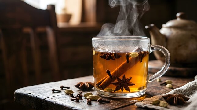 Warm Spiced Tea with Cinnamon and Star Anise on a Rustic Table