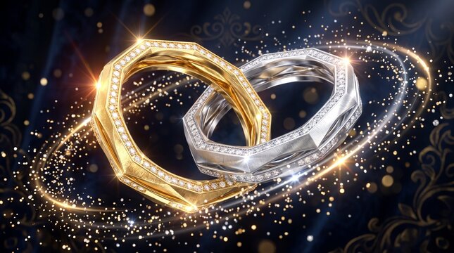 Luxurious interlocked gold and silver rings floating elegantly, surrounded by sparkling hexagonal forms, symbolizing unity, refinement, and timeless connection in a dark atmospheric background.