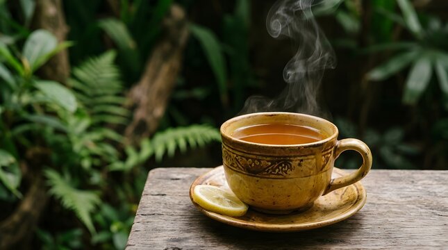 Steam Rising from a Hot Coffee Cup on a Wooden Table in Nature