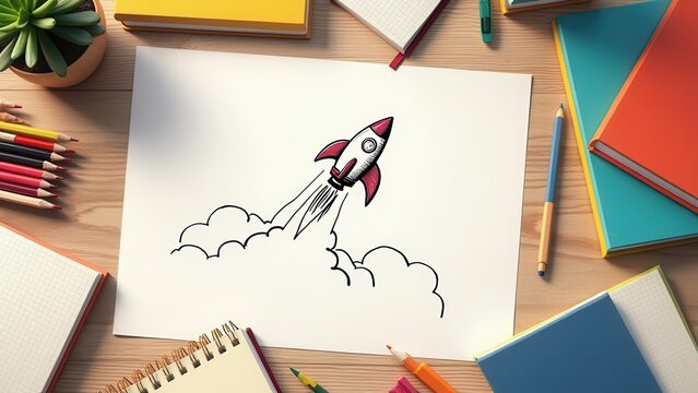 flat lay overhead bright school supplies books pencils notebooks with rocket sketch natural wood surface for education marketing copy